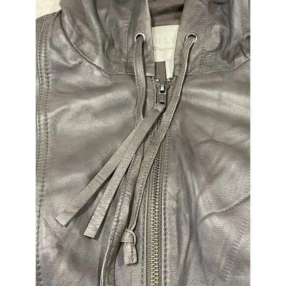 Hinge Brown Leather Jacket Hoodie Size Medium Zipper Pockets -Classy Comfort - Picture 12 of 13